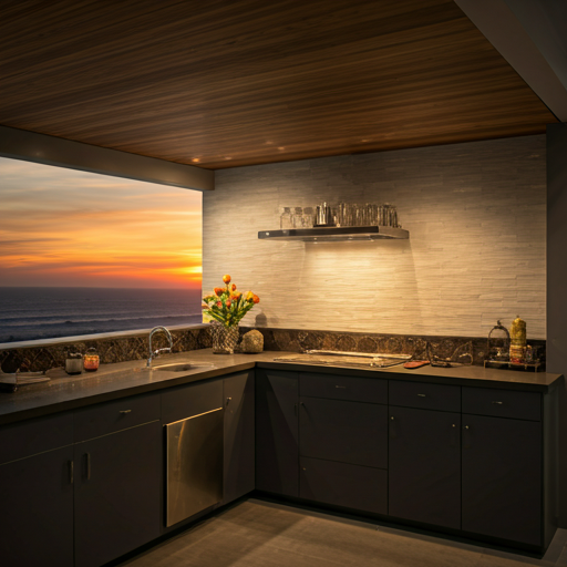 Luxury outdoor kitchen at sunset